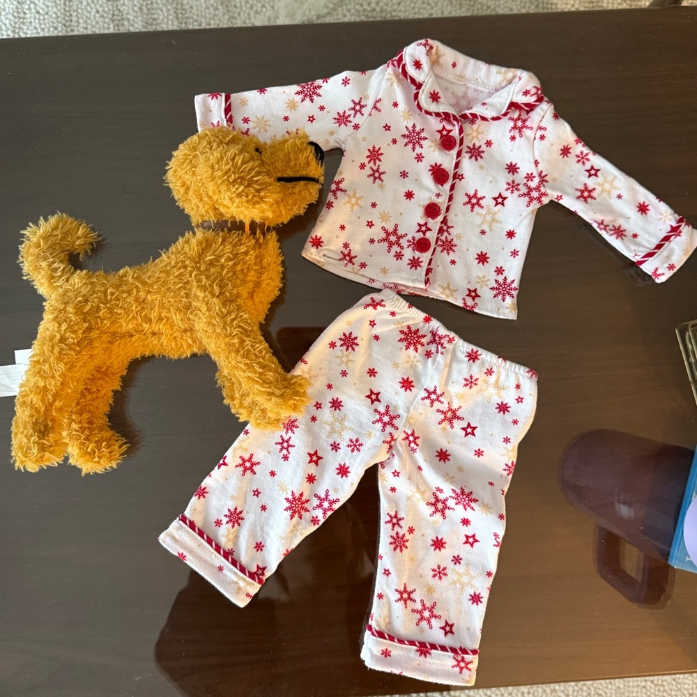 American Girl Doll Red Snowflake Christmas Winter Pajamas with Stuffed Dog